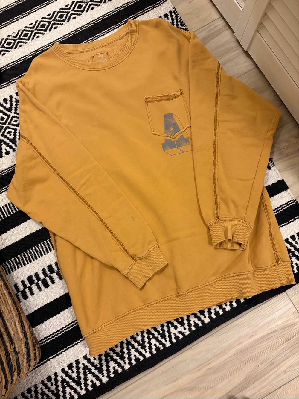 aerie Men's Mustard Yellow Crewneck Sweatshirt with Pocket Graphic